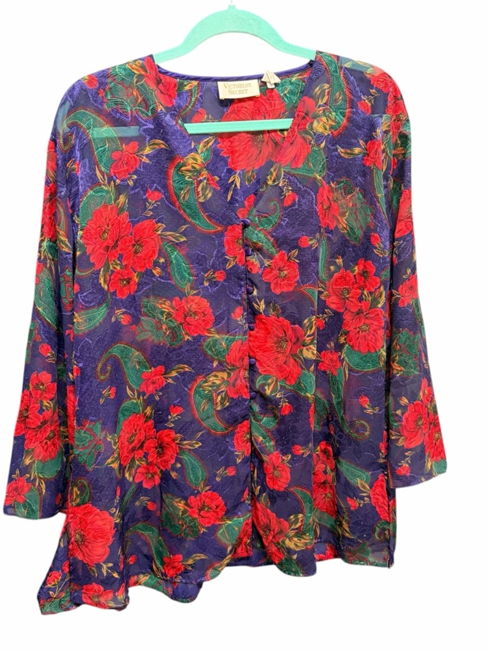 Vintage Victoria's Secret Sheer Floral Paisley Button Top Purple Red S